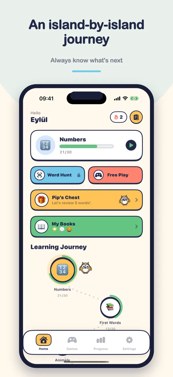My First Word Library — öğrenme yolculuğu ekranı