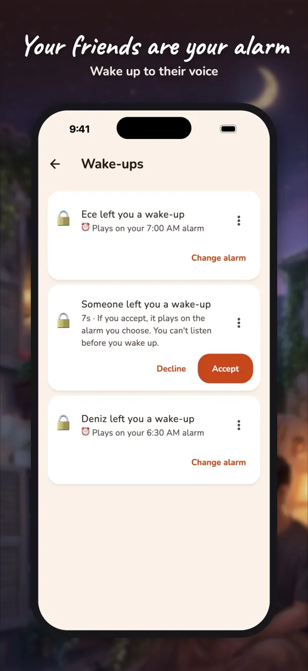 Wake Friends — a friend left you a wake-up